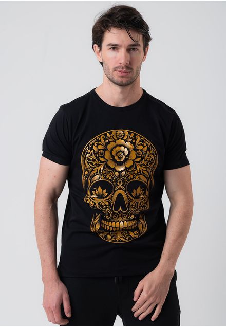 Camiseta Skull Gold Flowers